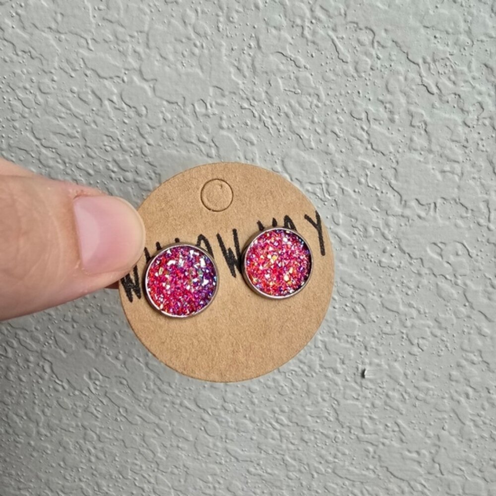 Willow May Vibrant Pink Red Glitter Stud Earrings